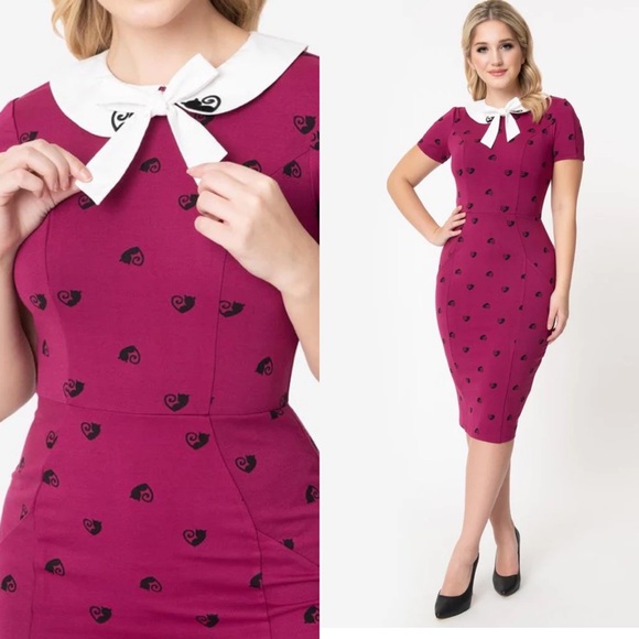 Unique Vintage Dresses & Skirts - Unique Vintage Magenta Pencil Dress with White Peter Pan Collar and Black Print